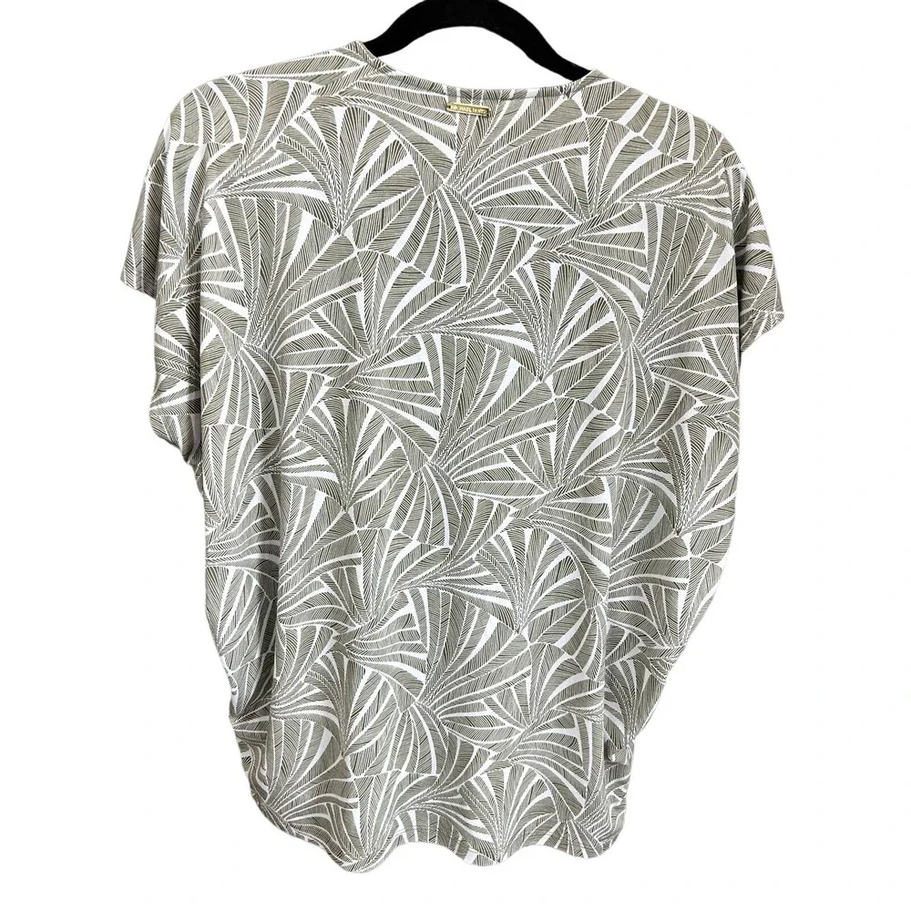 Michael Kors Women Small Top Lace Up V-Neck Green White Palm Fan Geometric Print - Picture 2 of 5